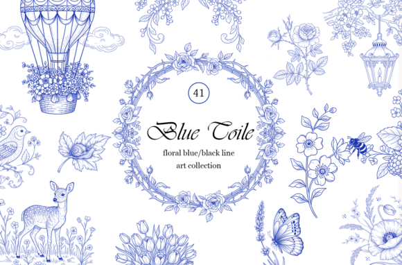 Download Blue Toile Botanical Clipart PNG Set - Premium Resources
